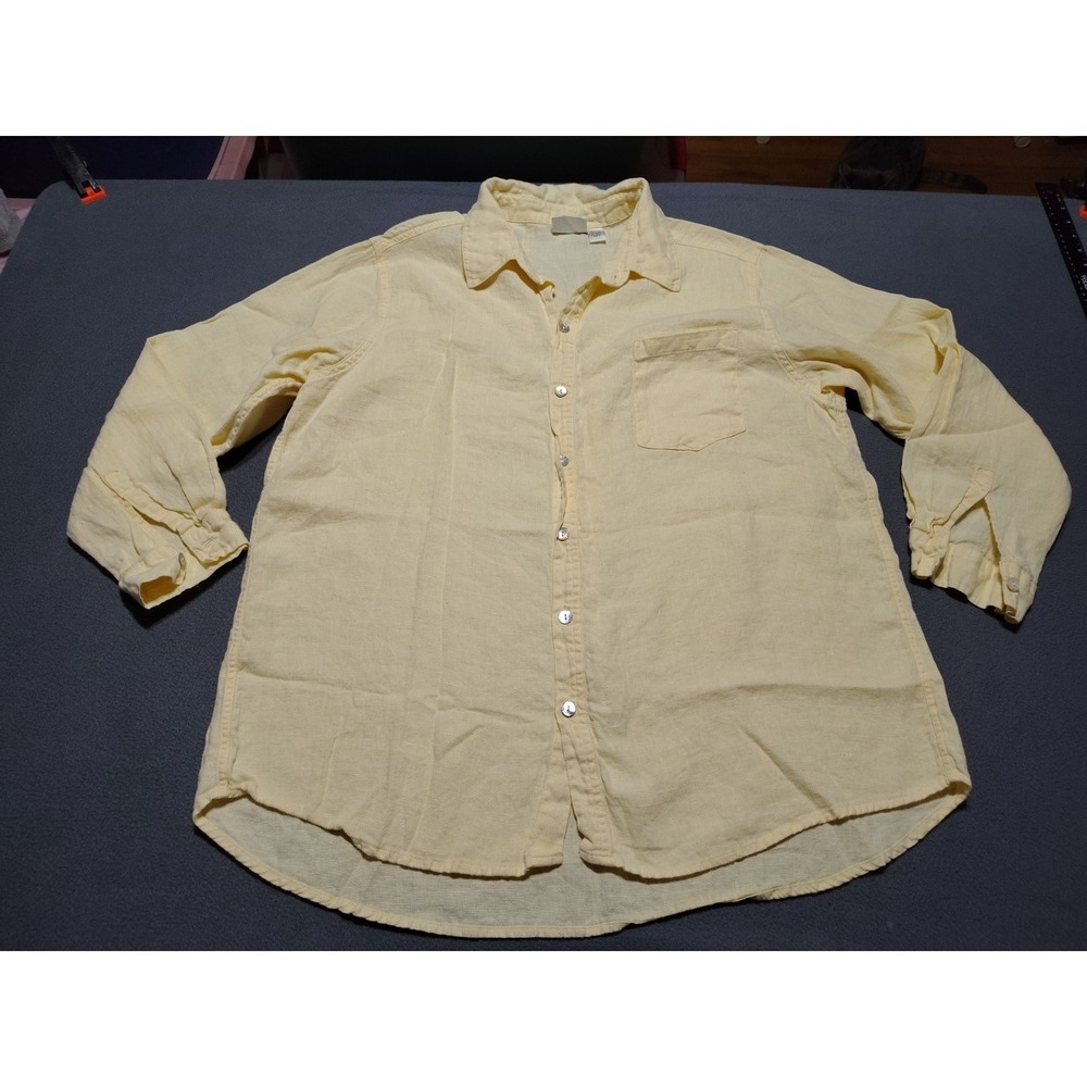 Chico's Design 100% Linen‎ Shirt Ladies 3 Yellow Summer Classic Long Sleeve